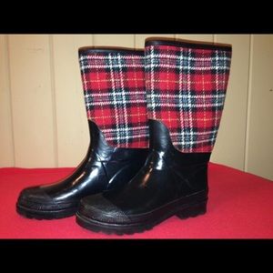 Women's Designer Rain Boots with Red Plaid Uppers